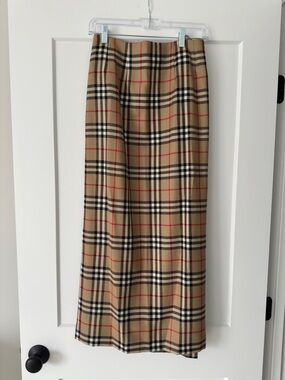 Burberry Tan Plaid Maxi Skirt with Red Accents